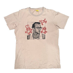 VINTAGE Keith Haring Thrashed Art Retro T-Shirt Beige Medium A003233